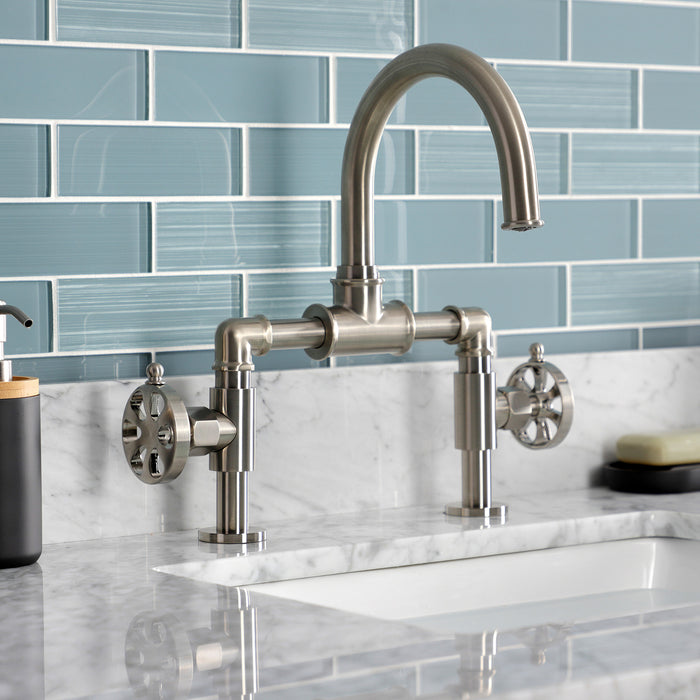 Kingston Sona KS2178RX - Belknap Two-Handle 2-Hole Deck Mount Bridge Bathroom Faucet with Push Pop-Up Drain, Brushed Nickel