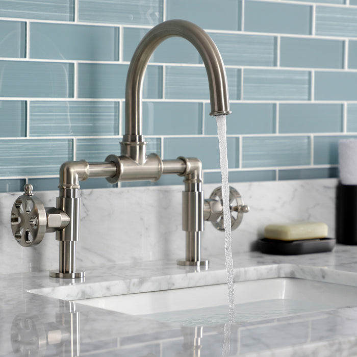 Kingston Sona KS2178RX - Belknap Two-Handle 2-Hole Deck Mount Bridge Bathroom Faucet with Push Pop-Up Drain, Brushed Nickel