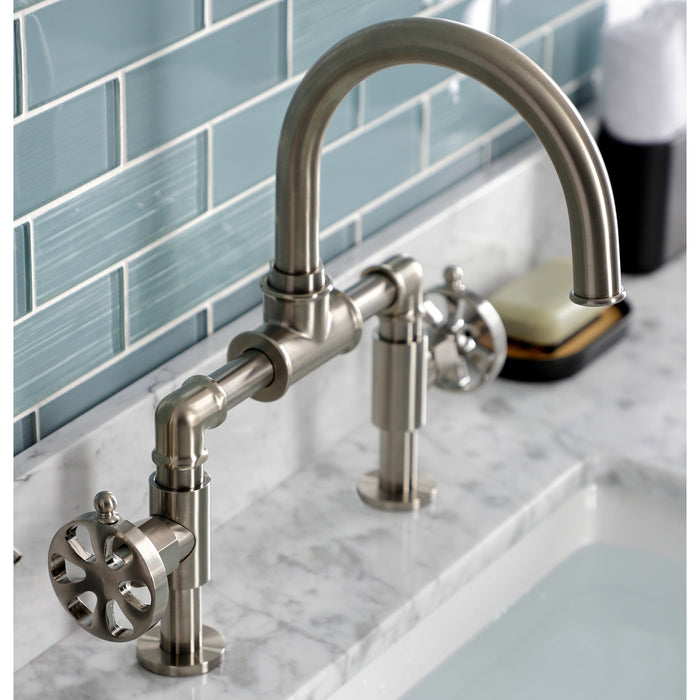 Kingston Sona KS2178RX - Belknap Two-Handle 2-Hole Deck Mount Bridge Bathroom Faucet with Push Pop-Up Drain, Brushed Nickel