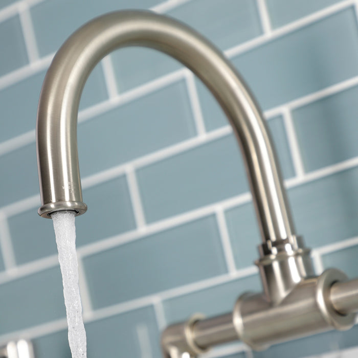 Kingston Sona KS2178RX - Belknap Two-Handle 2-Hole Deck Mount Bridge Bathroom Faucet with Push Pop-Up Drain, Brushed Nickel