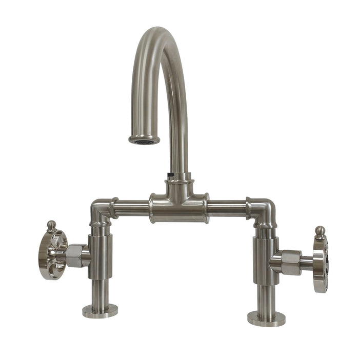 Kingston Sona KS2178RX - Belknap Two-Handle 2-Hole Deck Mount Bridge Bathroom Faucet with Push Pop-Up Drain, Brushed Nickel