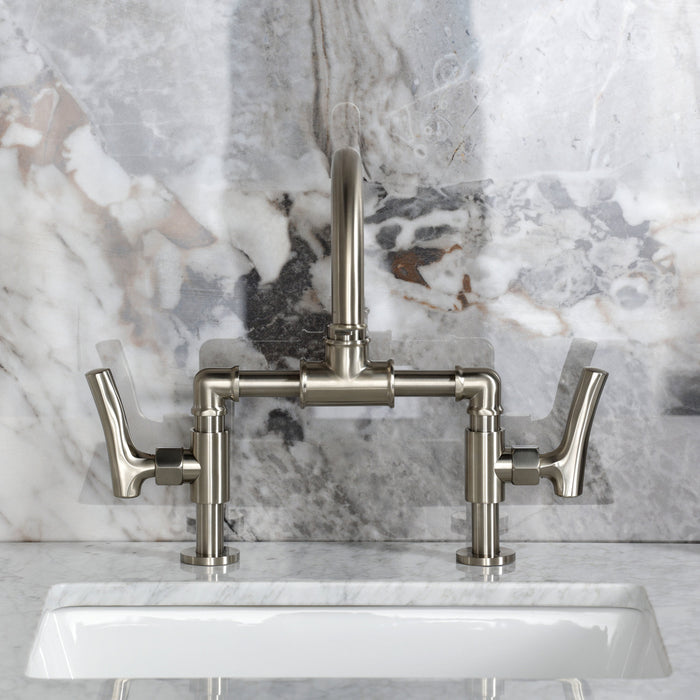 Kingston Sona KS2178TKL - Hallerbos Two-Handle 4-Hole Deck Mount Bridge Bathroom Faucet with Push Pop-Up Drain, Brushed Nickel
