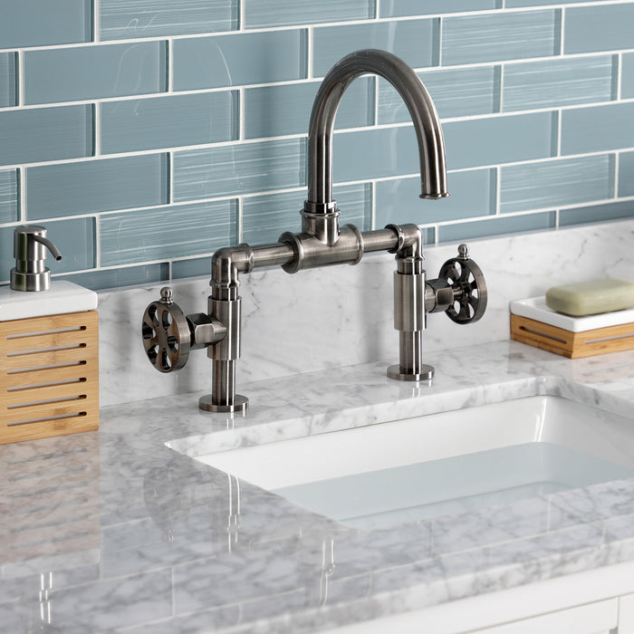 Kingston Sona KS217RXVN - Belknap Two-Handle 2-Hole Deck Mount Bridge Bathroom Faucet with Push Pop-Up Drain, Black Stainless