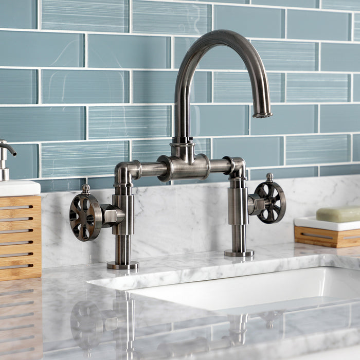 Kingston Sona KS217RXVN - Belknap Two-Handle 2-Hole Deck Mount Bridge Bathroom Faucet with Push Pop-Up Drain, Black Stainless