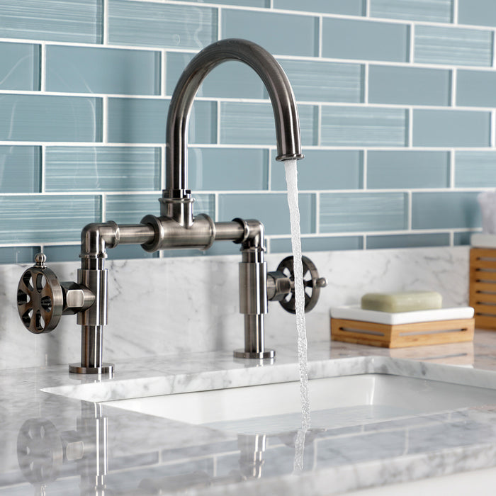 Kingston Sona KS217RXVN - Belknap Two-Handle 2-Hole Deck Mount Bridge Bathroom Faucet with Push Pop-Up Drain, Black Stainless