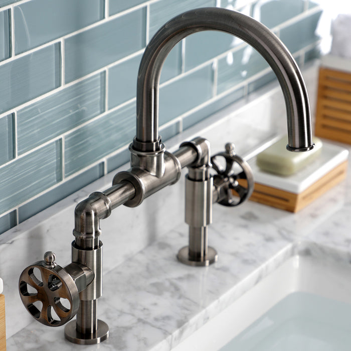 Kingston Sona KS217RXVN - Belknap Two-Handle 2-Hole Deck Mount Bridge Bathroom Faucet with Push Pop-Up Drain, Black Stainless