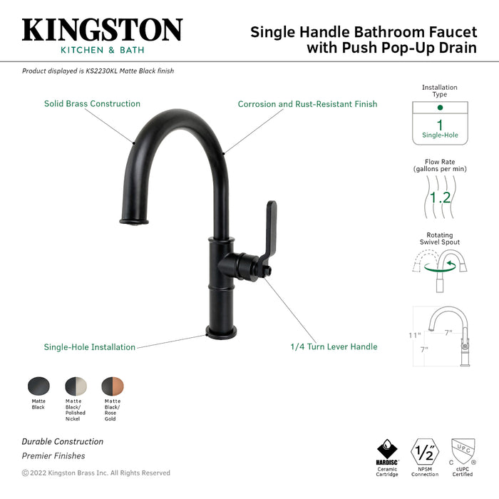 Kingston Sona KS2236KL - Whitaker One-Handle 1-Hole Bathroom Faucet with Push Pop-Up Drain, Matte Black/Polished Nickel