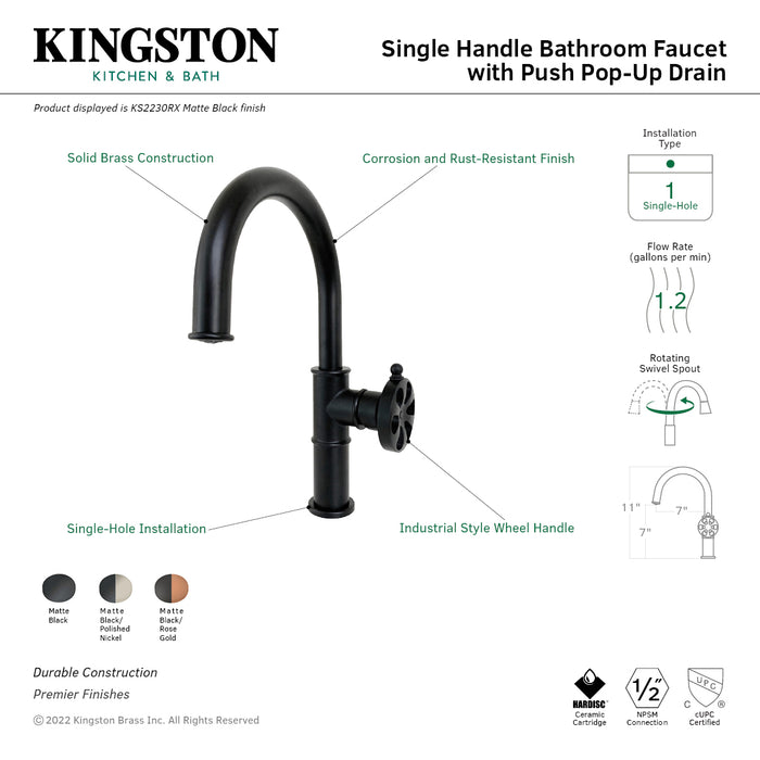Kingston Sona KS2236RX - Belknap One-Handle 1-Hole Bathroom Faucet with Push Pop-Up Drain, Matte Black/Polished Nickel