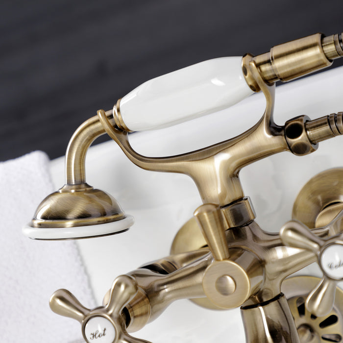 Kingston KS225AB Three-Handle 2-Hole Tub Wall Mount Clawfoot Tub Faucet with Handshower, Antique Brass