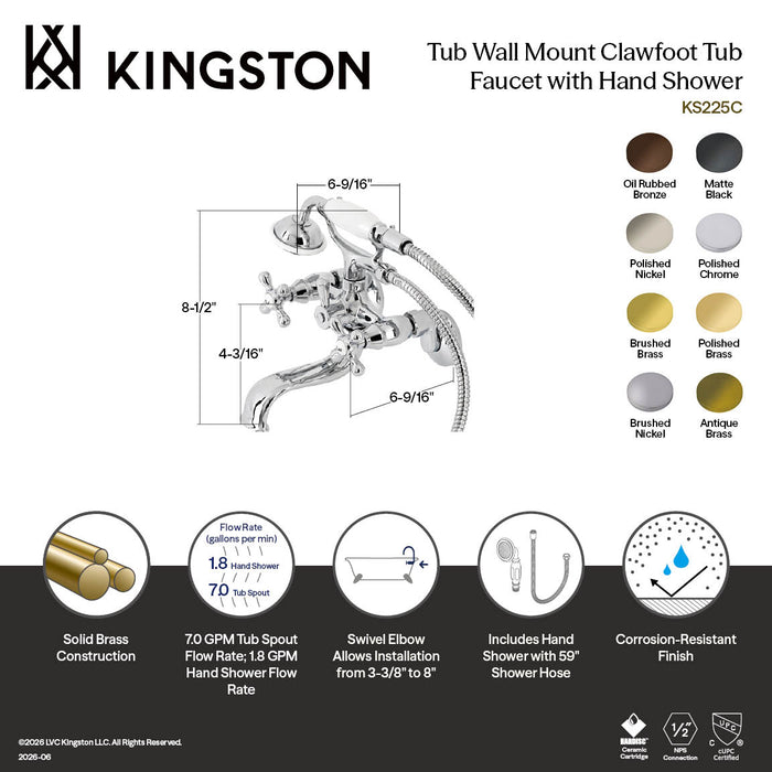 Kingston Heirloom KS225MB - Kingston Three-Handle 2-Hole Tub Wall Mount Clawfoot Tub Faucet with Handshower, Matte Black