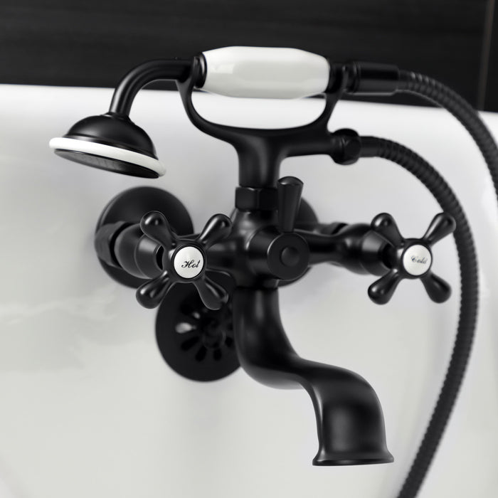 Kingston Heirloom KS225MB - Kingston Three-Handle 2-Hole Tub Wall Mount Clawfoot Tub Faucet with Handshower, Matte Black