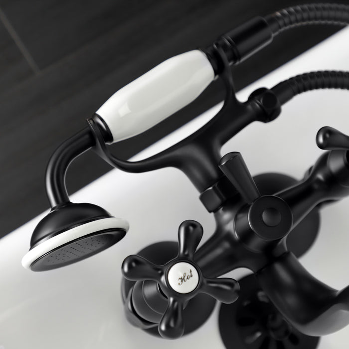 Kingston Heirloom KS225MB - Kingston Three-Handle 2-Hole Tub Wall Mount Clawfoot Tub Faucet with Handshower, Matte Black