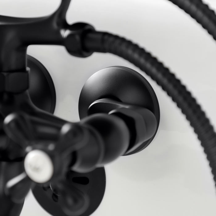 Kingston Heirloom KS225MB - Kingston Three-Handle 2-Hole Tub Wall Mount Clawfoot Tub Faucet with Handshower, Matte Black