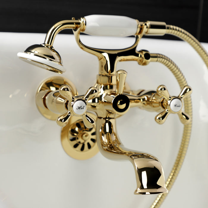 Kingston Heirloom KS225PB - Kingston Three-Handle 2-Hole Tub Wall Mount Clawfoot Tub Faucet with Handshower, Polished Brass