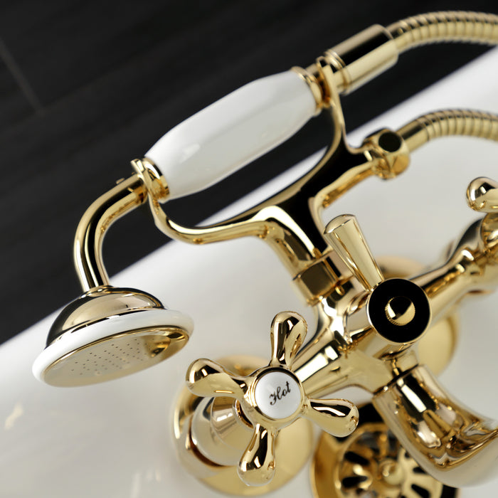 Kingston Heirloom KS225PB - Kingston Three-Handle 2-Hole Tub Wall Mount Clawfoot Tub Faucet with Handshower, Polished Brass