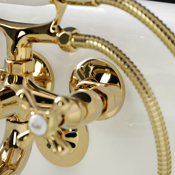 Kingston Heirloom KS225PB - Kingston Three-Handle 2-Hole Tub Wall Mount Clawfoot Tub Faucet with Handshower, Polished Brass