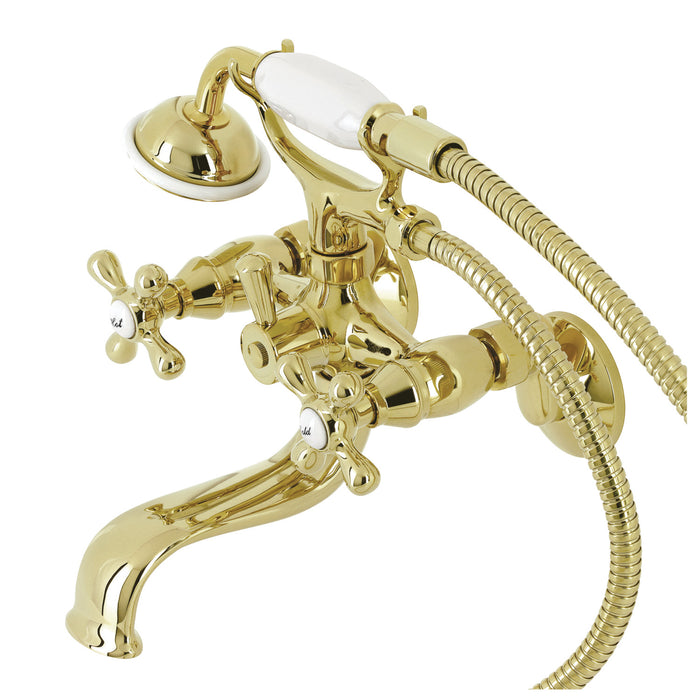 Kingston Heirloom KS225PB - Kingston Three-Handle 2-Hole Tub Wall Mount Clawfoot Tub Faucet with Handshower, Polished Brass