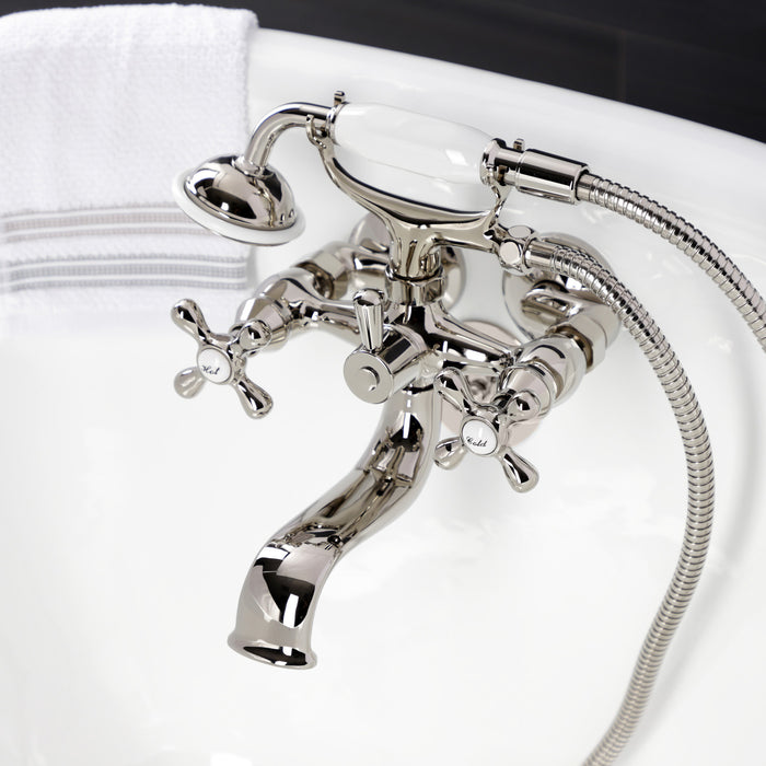 Kingston Heirloom KS225PN - Kingston Three-Handle 2-Hole Tub Wall Mount Clawfoot Tub Faucet with Handshower, Polished Nickel