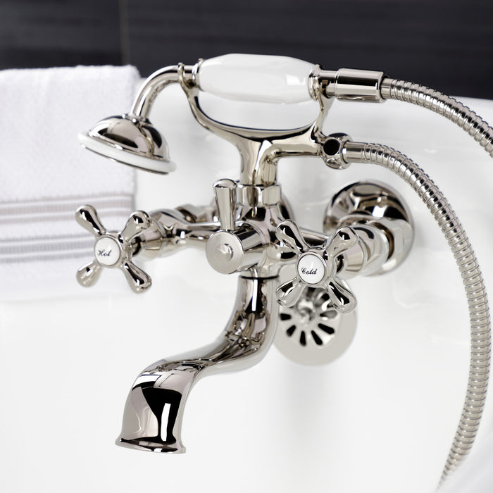 Kingston Heirloom KS225PN - Kingston Three-Handle 2-Hole Tub Wall Mount Clawfoot Tub Faucet with Handshower, Polished Nickel