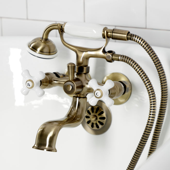 Kingston Heirloom KS225PXAB - Kingston Three-Handle 2-Hole Tub Wall Mount Clawfoot Tub Faucet with Hand Shower, Antique Brass