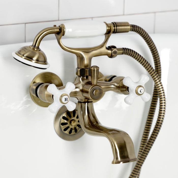 Kingston Heirloom KS225PXAB - Kingston Three-Handle 2-Hole Tub Wall Mount Clawfoot Tub Faucet with Hand Shower, Antique Brass