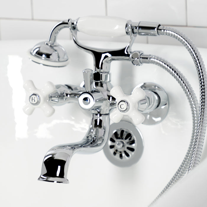 Kingston Heirloom KS225PXC - Kingston Three-Handle 2-Hole Tub Wall Mount Clawfoot Tub Faucet with Hand Shower, Polished Chrome