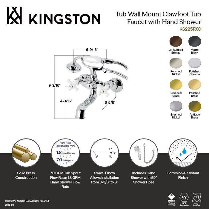 Kingston Heirloom KS225PXMB - Kingston Three-Handle 2-Hole Tub Wall Mount Clawfoot Tub Faucet with Hand Shower, Matte Black
