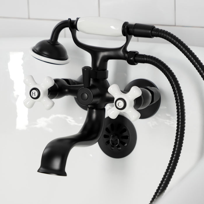 Kingston Heirloom KS225PXMB - Kingston Three-Handle 2-Hole Tub Wall Mount Clawfoot Tub Faucet with Hand Shower, Matte Black