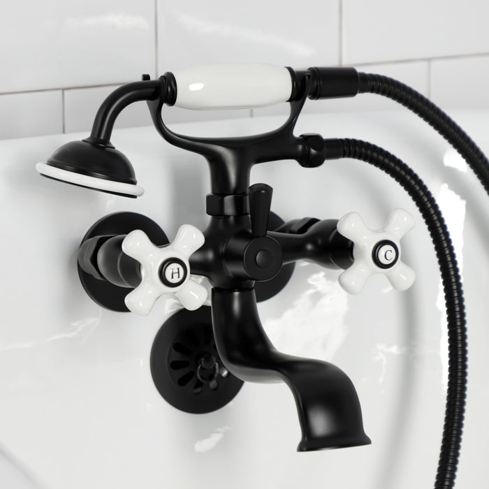 Kingston Heirloom KS225PXMB - Kingston Three-Handle 2-Hole Tub Wall Mount Clawfoot Tub Faucet with Hand Shower, Matte Black