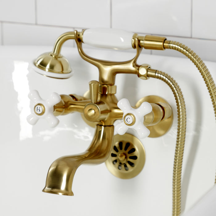 Kingston Heirloom KS225PXSB - Kingston Three-Handle 2-Hole Tub Wall Mount Clawfoot Tub Faucet with Hand Shower, Brushed Brass