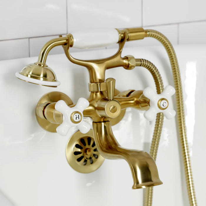 Kingston Heirloom KS225PXSB - Kingston Three-Handle 2-Hole Tub Wall Mount Clawfoot Tub Faucet with Hand Shower, Brushed Brass