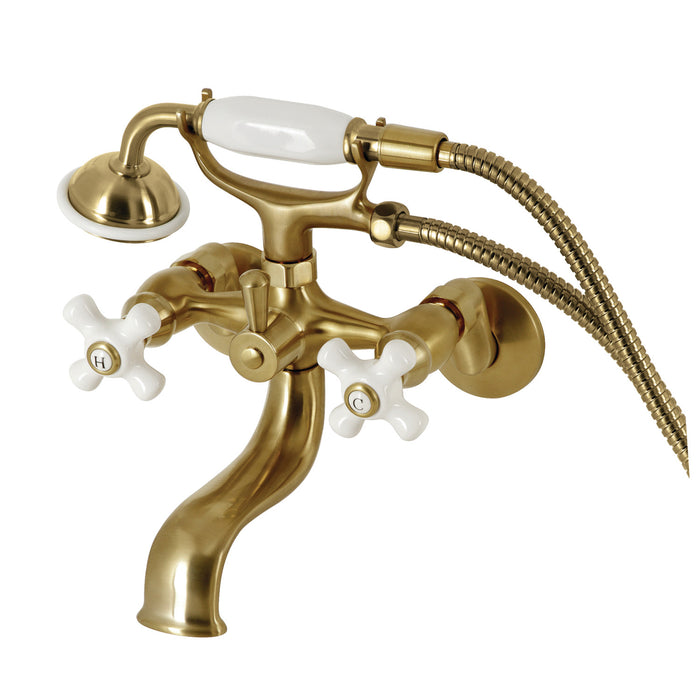 Kingston Heirloom KS225PXSB - Kingston Three-Handle 2-Hole Tub Wall Mount Clawfoot Tub Faucet with Hand Shower, Brushed Brass