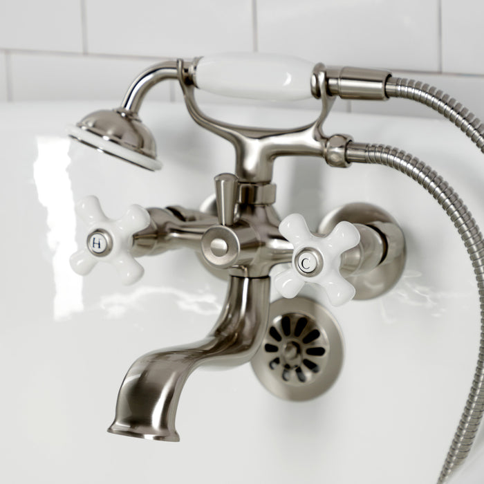 Kingston Heirloom KS225PXSN - Kingston Three-Handle 2-Hole Tub Wall Mount Clawfoot Tub Faucet with Hand Shower, Brushed Nickel