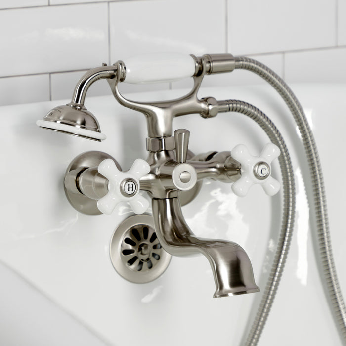 Kingston Heirloom KS225PXSN - Kingston Three-Handle 2-Hole Tub Wall Mount Clawfoot Tub Faucet with Hand Shower, Brushed Nickel