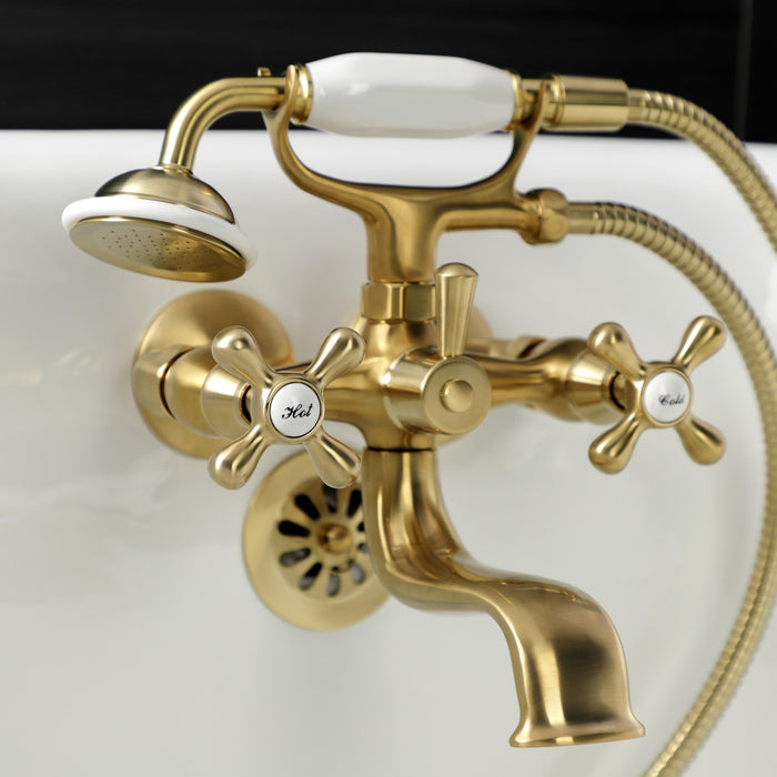 Kingston Heirloom KS225SB - Kingston Three-Handle 2-Hole Tub Wall Mount Clawfoot Tub Faucet with Handshower, Brushed Brass