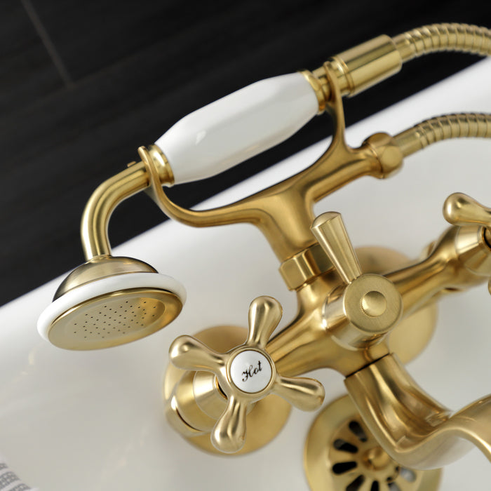 Kingston Heirloom KS225SB - Kingston Three-Handle 2-Hole Tub Wall Mount Clawfoot Tub Faucet with Handshower, Brushed Brass