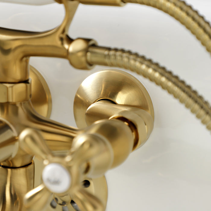 Kingston Heirloom KS225SB - Kingston Three-Handle 2-Hole Tub Wall Mount Clawfoot Tub Faucet with Handshower, Brushed Brass