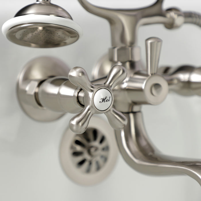 Kingston Heirloom KS225SN - Kingston Three-Handle 2-Hole Tub Wall Mount Clawfoot Tub Faucet with Handshower, Brushed Nickel