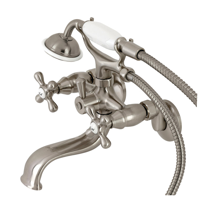 Kingston Heirloom KS225SN - Kingston Three-Handle 2-Hole Tub Wall Mount Clawfoot Tub Faucet with Handshower, Brushed Nickel