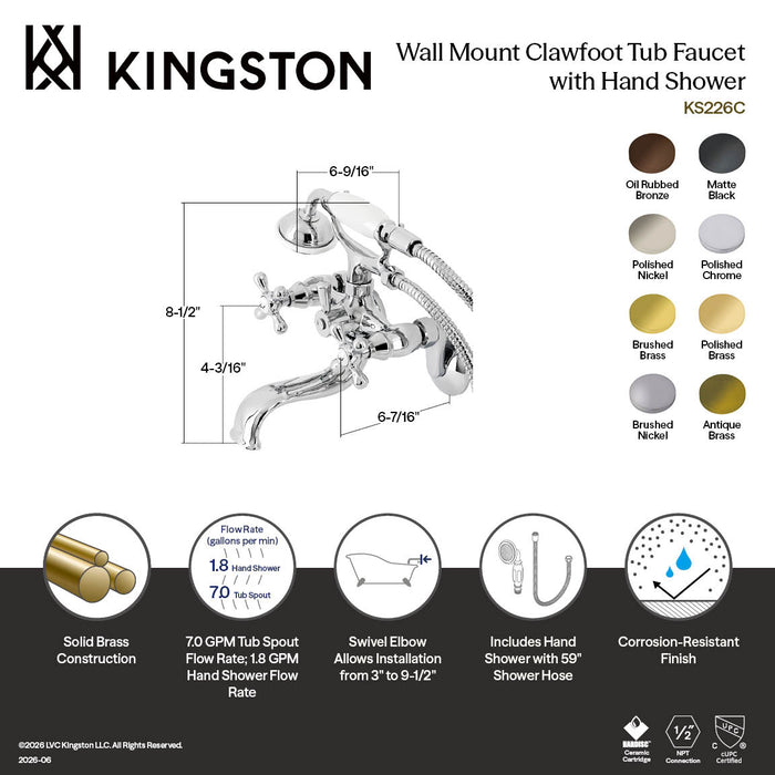 Kingston Heirloom KS226PB - Kingston Two-Handle Clawfoot Tub Faucet with Hand Shower, Polished Brass
