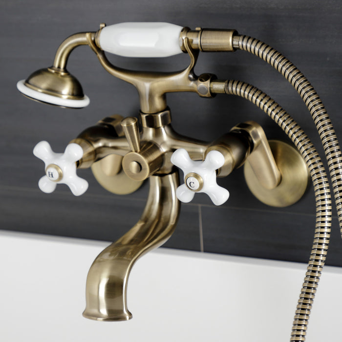 Kingston Heirloom KS226PXAB - Kingston Three-Handle 2-Hole Wall Mount Clawfoot Tub Faucet with Hand Shower, Antique Brass