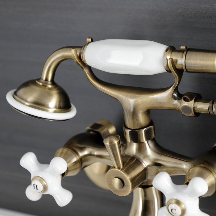 Kingston Heirloom KS226PXAB - Kingston Three-Handle 2-Hole Wall Mount Clawfoot Tub Faucet with Hand Shower, Antique Brass