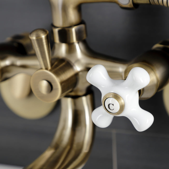 Kingston Heirloom KS226PXAB - Kingston Three-Handle 2-Hole Wall Mount Clawfoot Tub Faucet with Hand Shower, Antique Brass