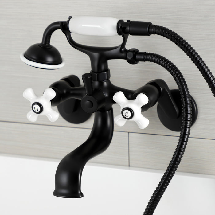 Kingston Heirloom KS226PXMB - Kingston Three-Handle 2-Hole Wall Mount Clawfoot Tub Faucet with Hand Shower, Matte Black