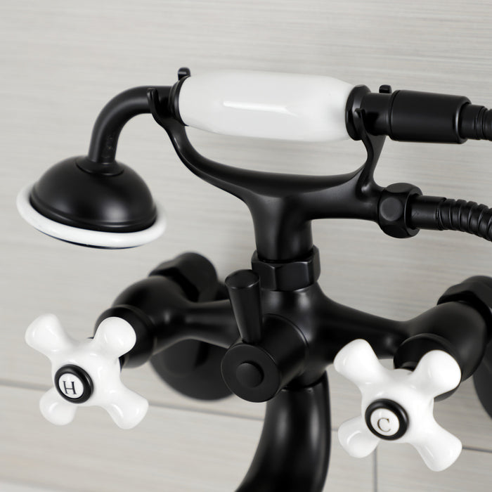 Kingston Heirloom KS226PXMB - Kingston Three-Handle 2-Hole Wall Mount Clawfoot Tub Faucet with Hand Shower, Matte Black