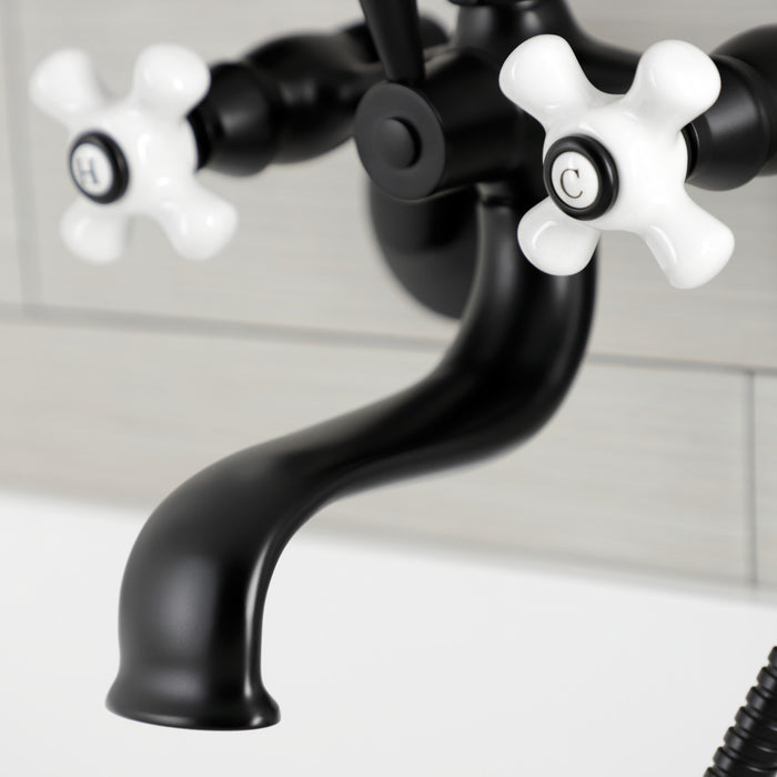 Kingston Heirloom KS226PXMB - Kingston Three-Handle 2-Hole Wall Mount Clawfoot Tub Faucet with Hand Shower, Matte Black