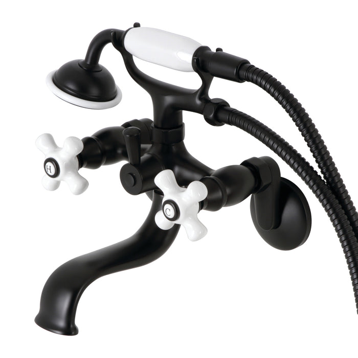 Kingston Heirloom KS226PXMB - Kingston Three-Handle 2-Hole Wall Mount Clawfoot Tub Faucet with Hand Shower, Matte Black