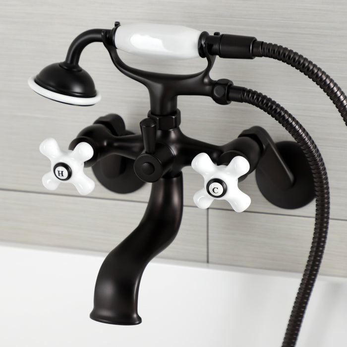 Kingston Heirloom KS226PXORB - Kingston Three-Handle 2-Hole Wall Mount Clawfoot Tub Faucet with Hand Shower, Oil Rubbed Bronze