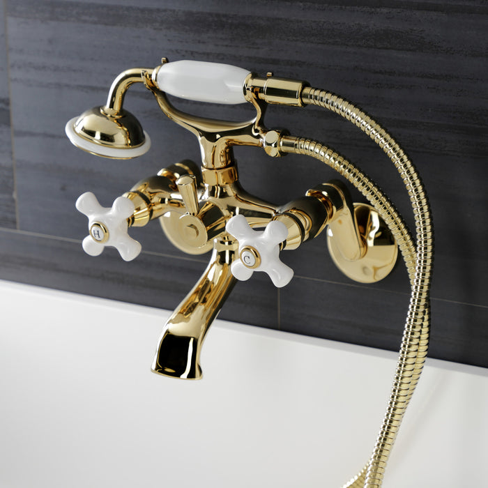 Kingston KS226PXPB Three-Handle 2-Hole Wall Mount Clawfoot Tub Faucet with Hand Shower, Polished Brass