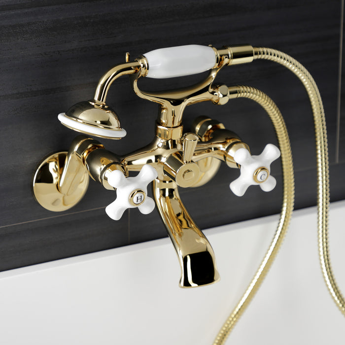 Kingston KS226PXPB Three-Handle 2-Hole Wall Mount Clawfoot Tub Faucet with Hand Shower, Polished Brass
